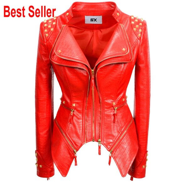 Women's Faux Leather Moto Jacket with Studded Rivets Zipper Closure